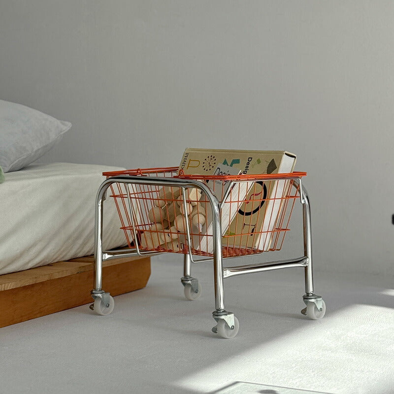シルバー キャスターワゴン ハンドル付きカラーバスケット