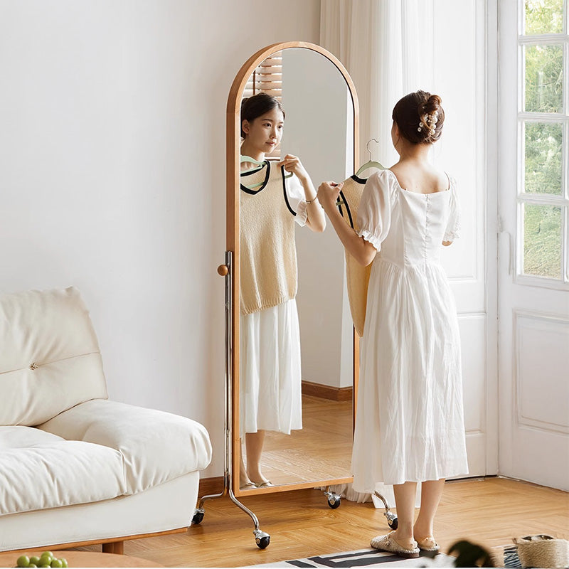Cherry wood standing mirror with magazine rack