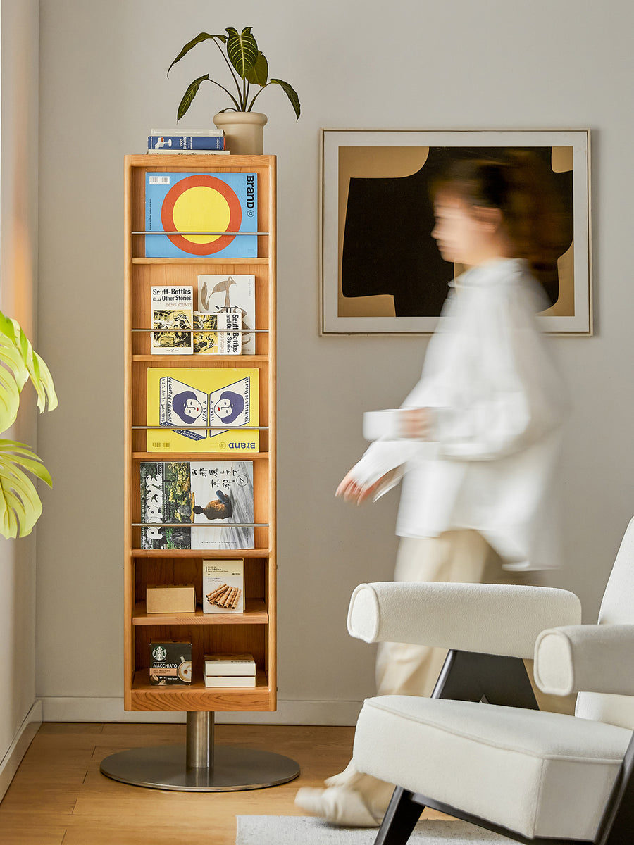 Cherry wood rotating mirrored storage rack