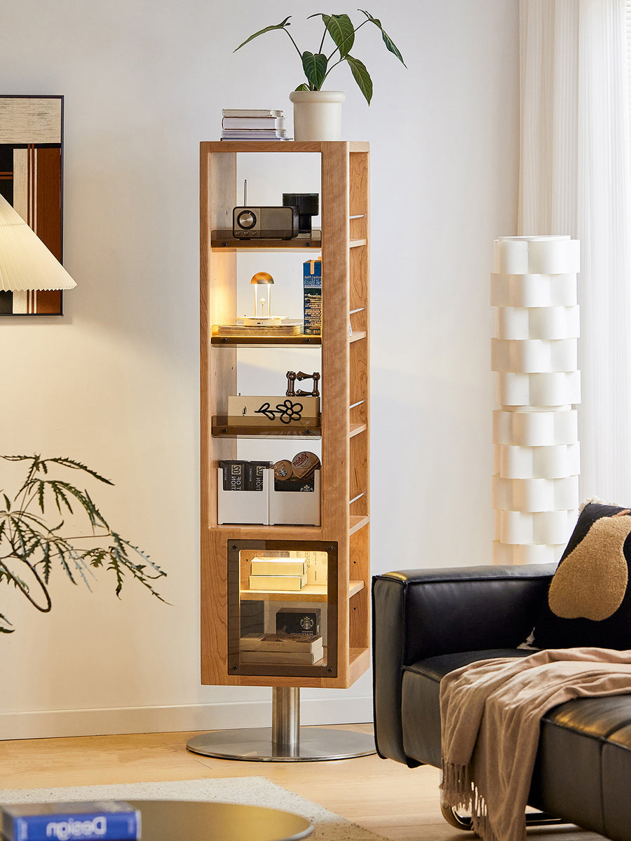 Cherry wood rotating mirrored storage rack