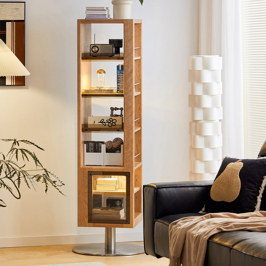 Cherry wood rotating mirrored storage rack