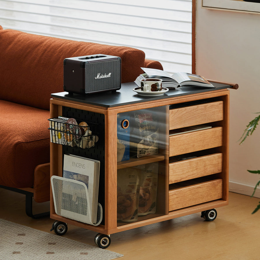 Cherry wood side table with casters