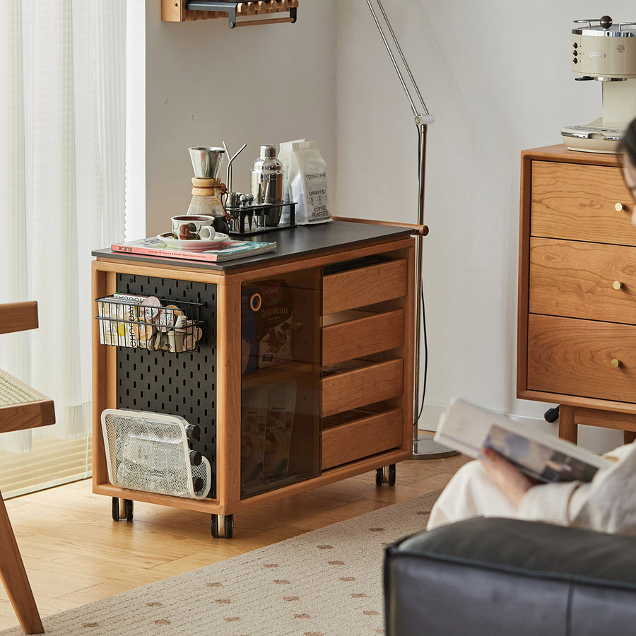 Cherry wood side table with casters