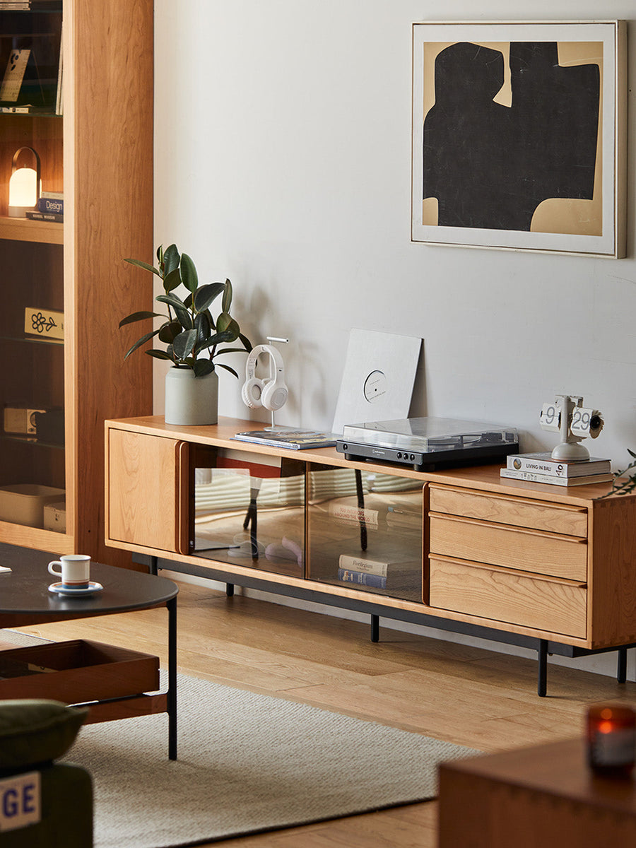 Cherry wood wooden TV cabinet with glass door