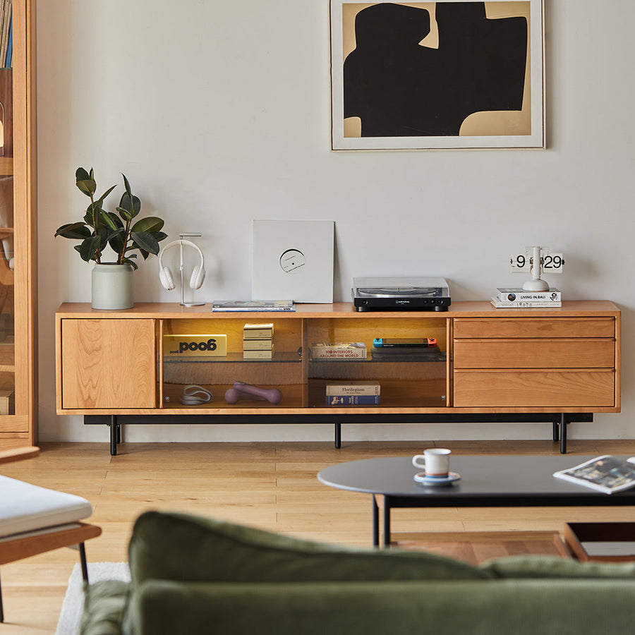 Cherry wood wooden TV cabinet with glass door