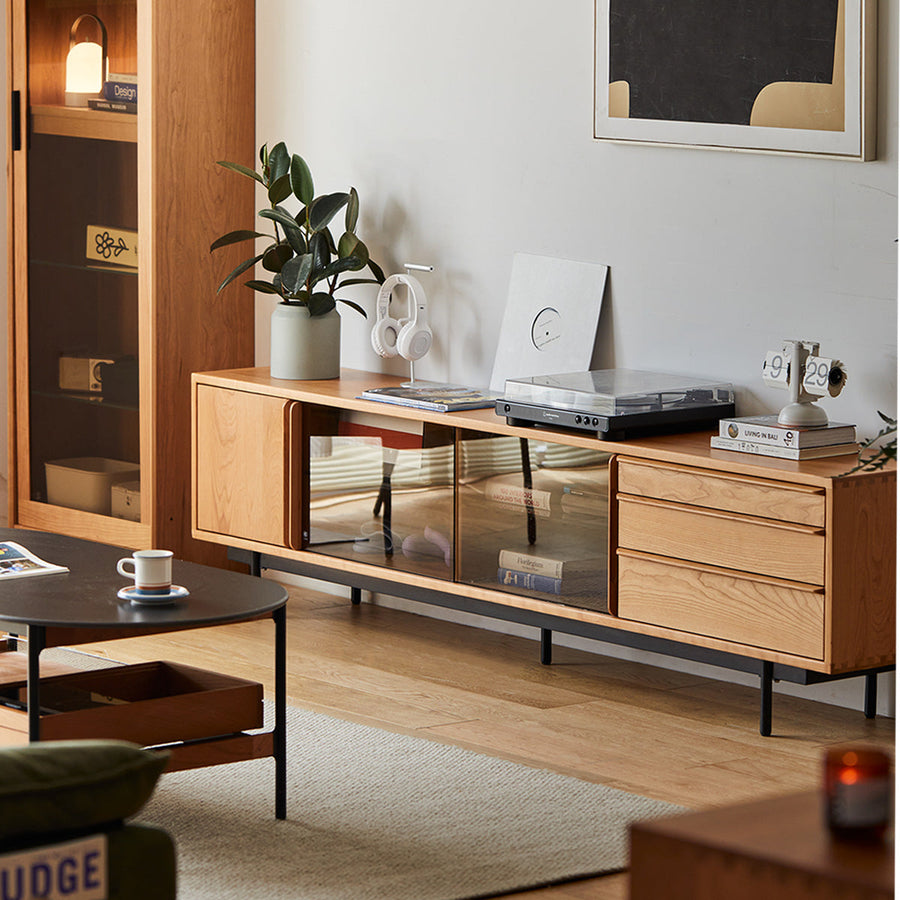 Cherry wood wooden TV cabinet with glass door