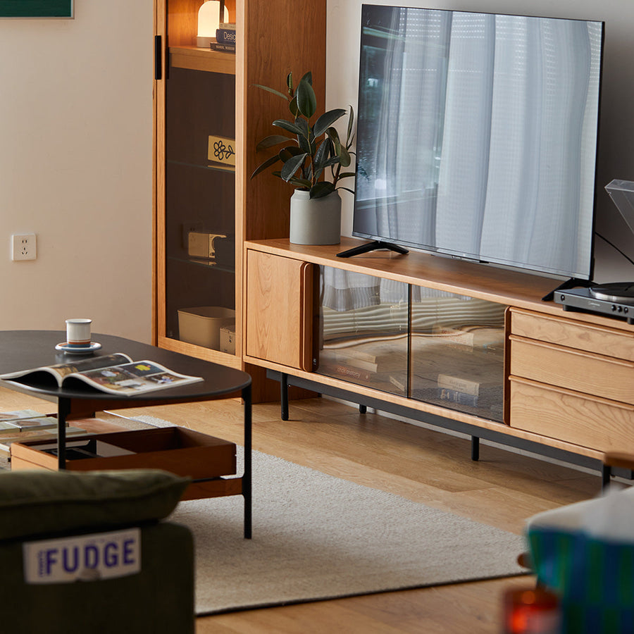 Cherry wood wooden TV cabinet with glass door