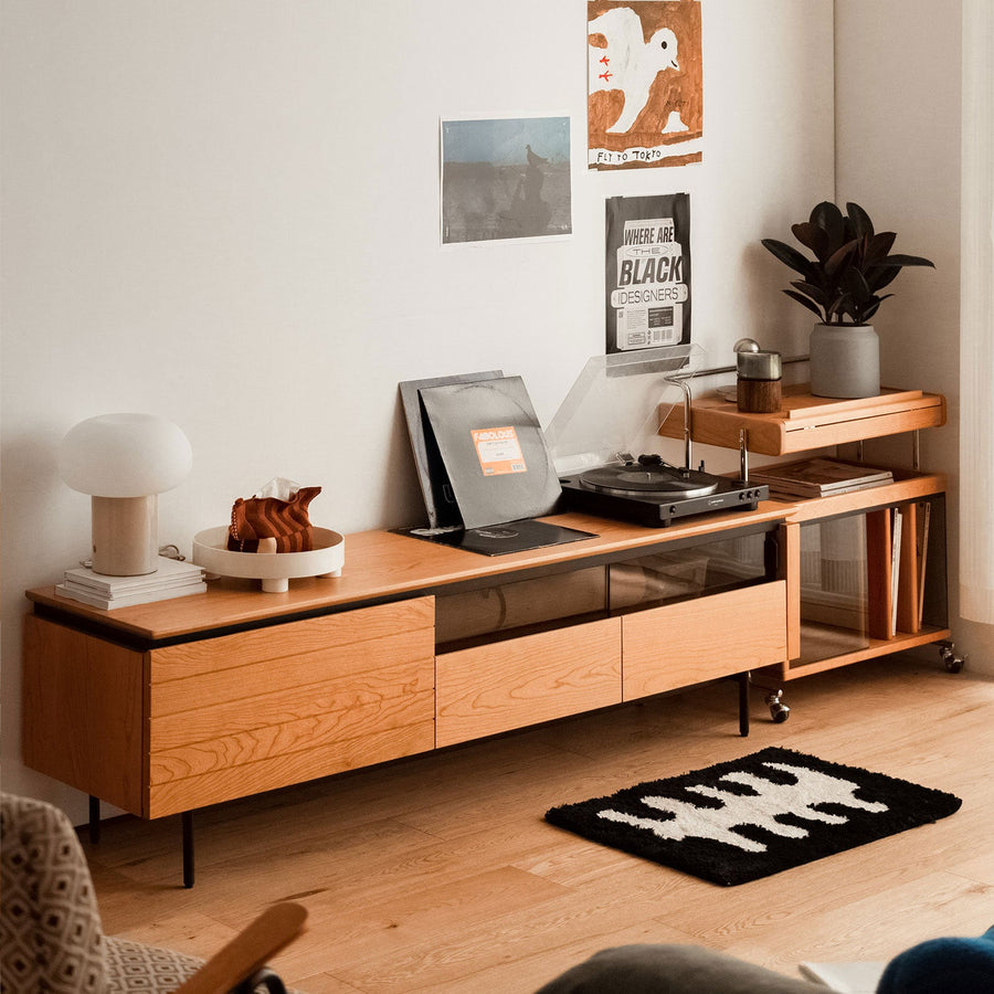 Cherry wood wooden TV stand with glass door