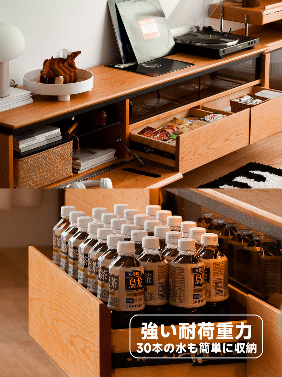 Cherry wood wooden TV stand with glass door