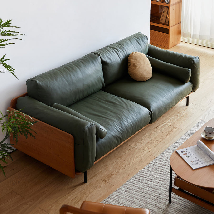 Wood frame genuine leather green cushion sofa