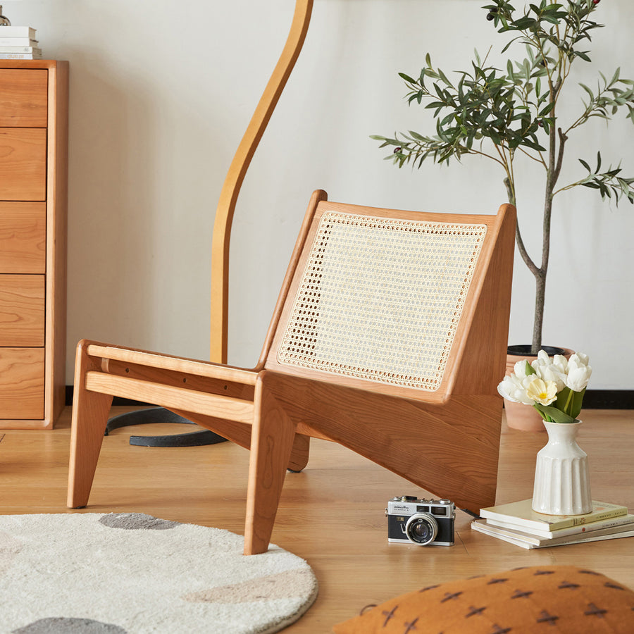 Cherry wood geometric design rattan style wood chair