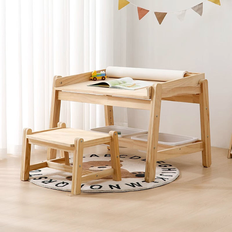 Natural wood height adjustable drawing table and chair