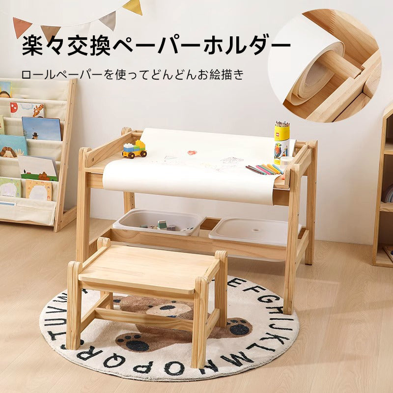 Natural wood height adjustable drawing table and chair