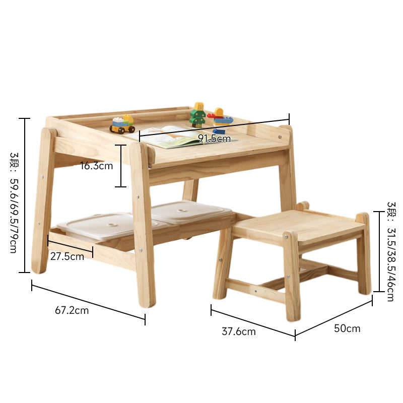 Natural wood height adjustable drawing table and chair