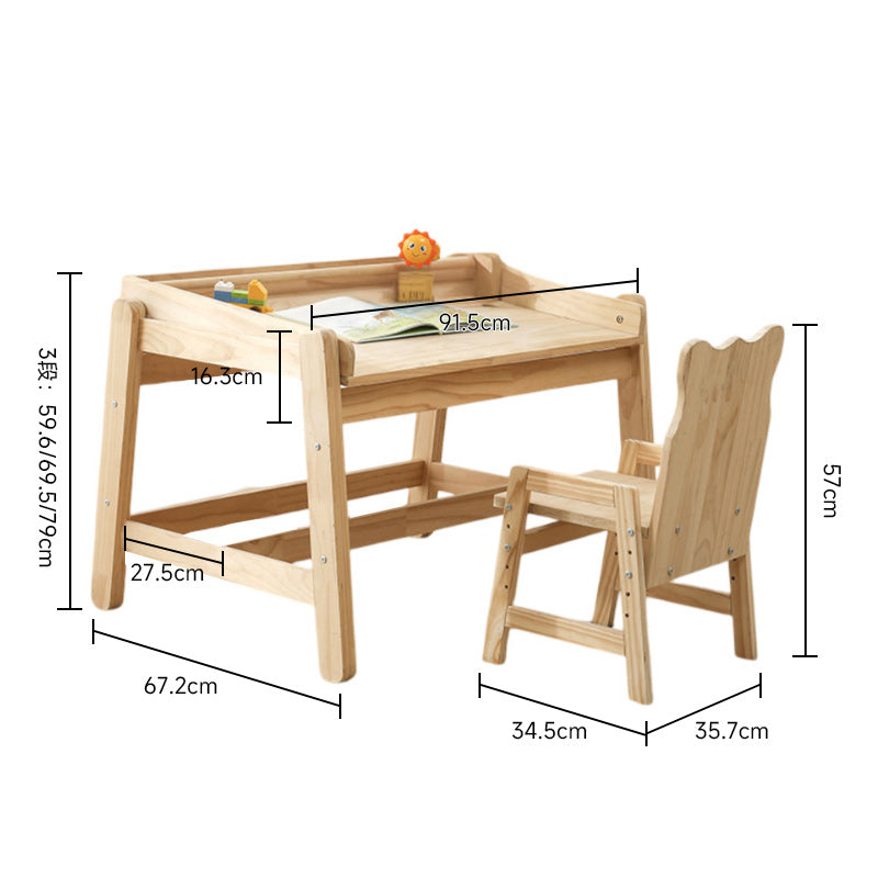 Natural wood height adjustable drawing table and chair