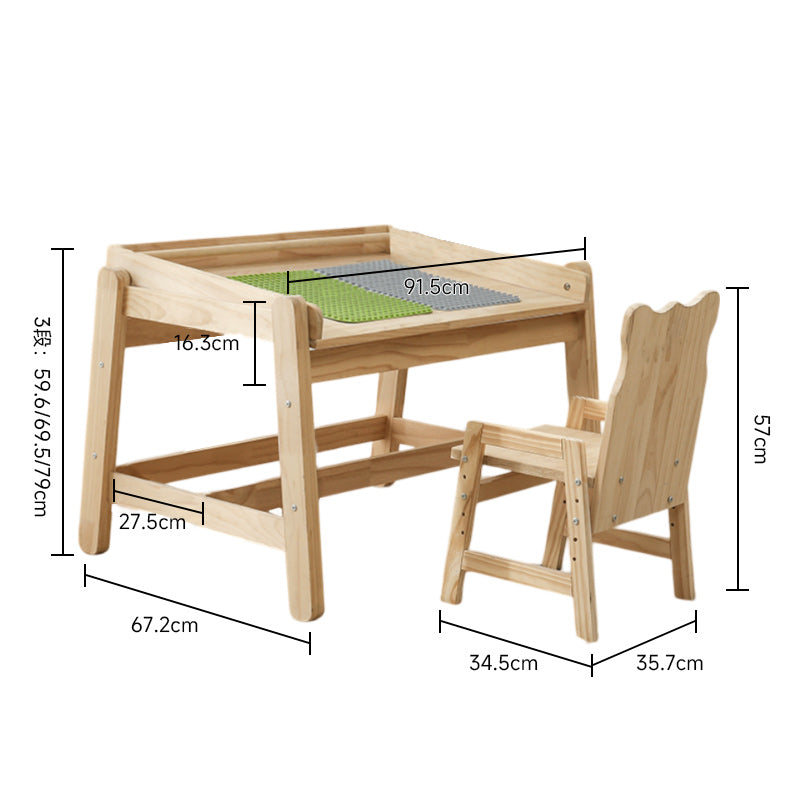 Natural wood height adjustable drawing table and chair