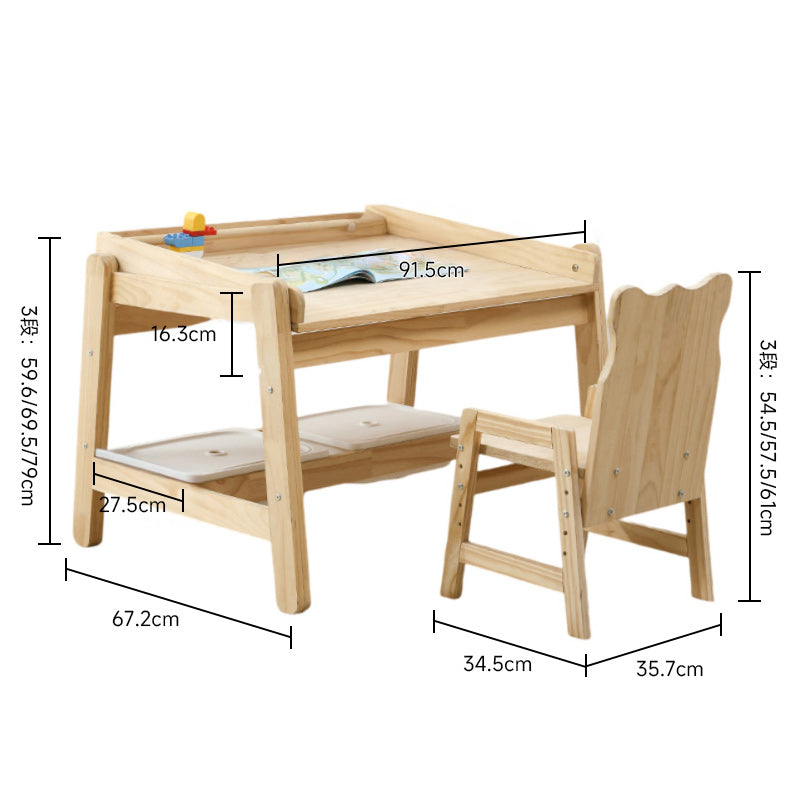 Natural wood height adjustable drawing table and chair
