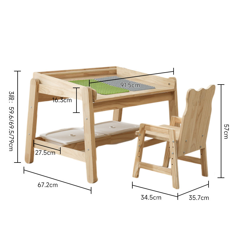 Natural wood height adjustable drawing table and chair