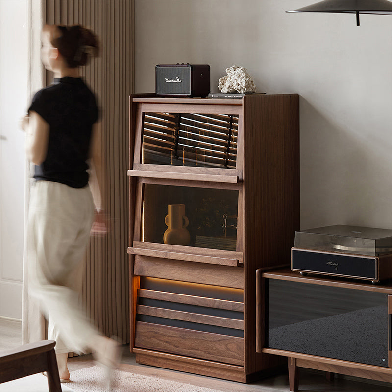 Walnut wood cabinet with natural glass doors