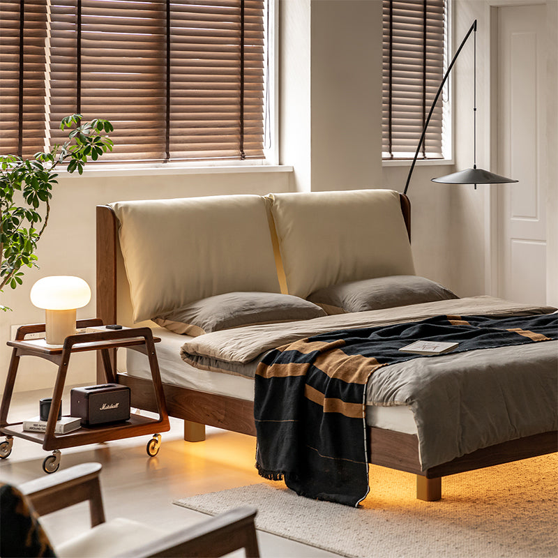 Walnut material cushion type leather bed