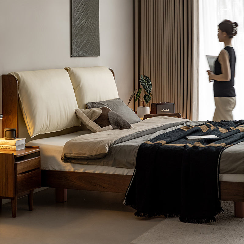 Walnut material cushion type leather bed