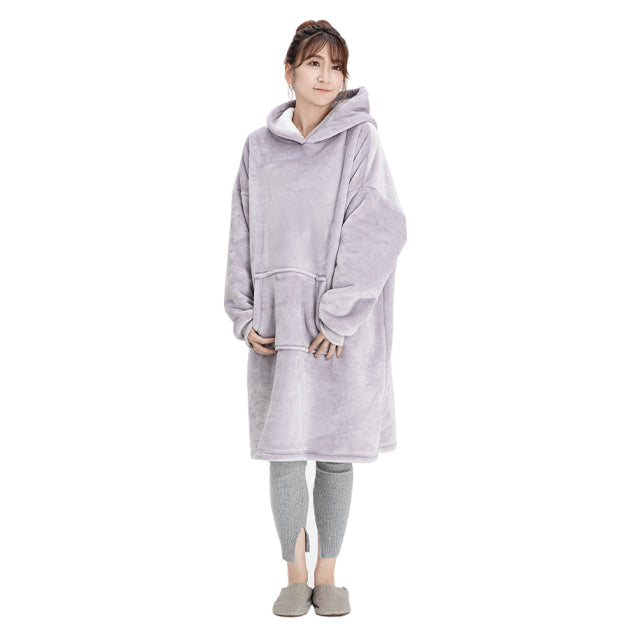 Wearable blanket with boa, pullover type, moisture absorbing and heat generating microfiber