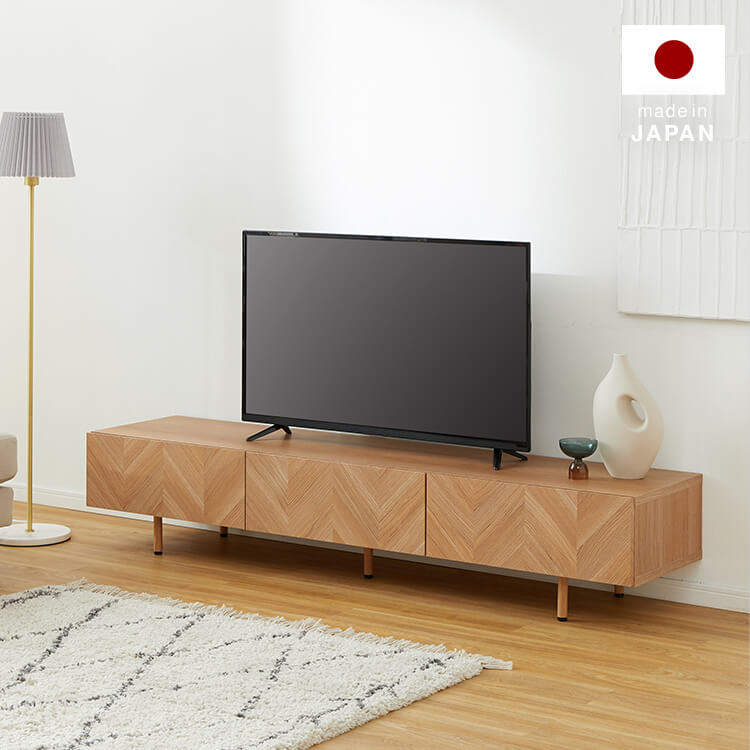 Wooden TV stand, herringbone pattern, made in Japan