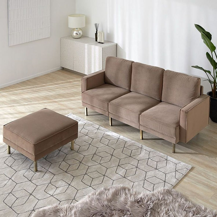 Velvet-like 3-seater couch with steel legs