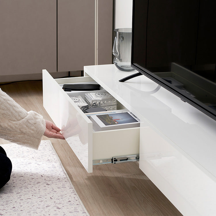 Low TV stand, semi-finished product, clear legs, cord storage, slide storage