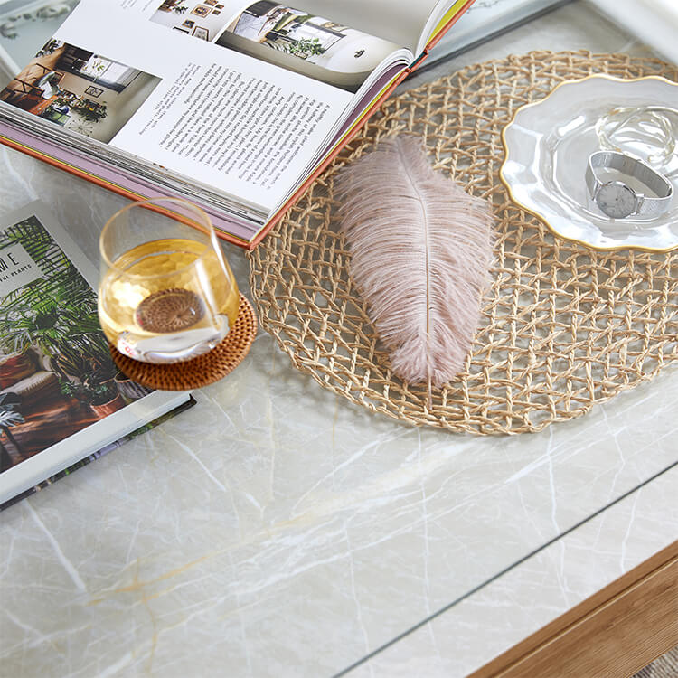 Wooden center table with glass top and stone effect