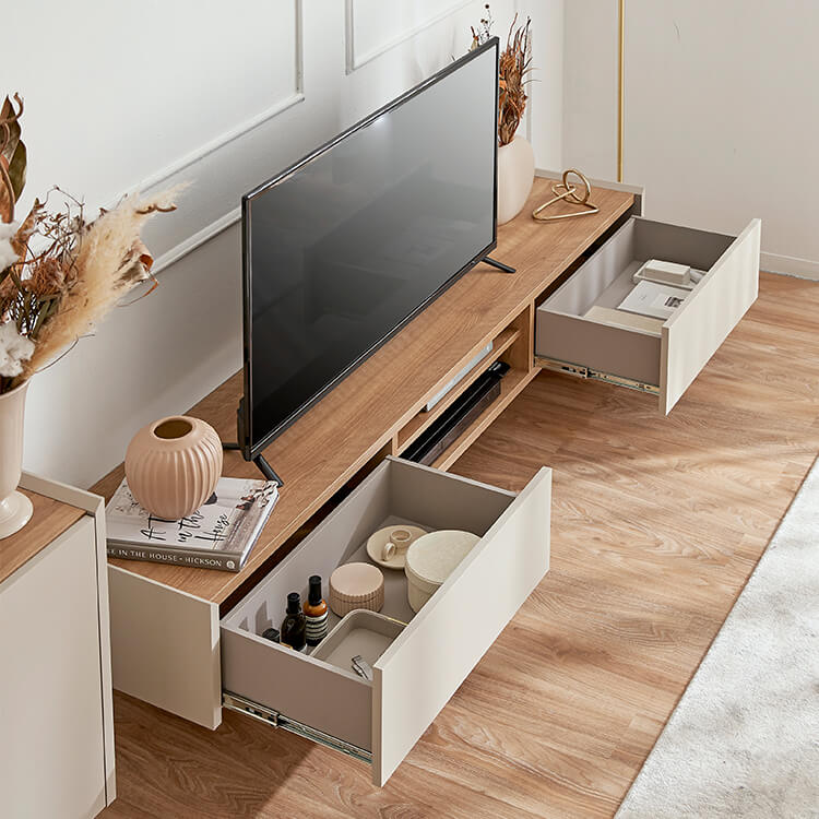 A stylish TV stand in shabby natural and beige