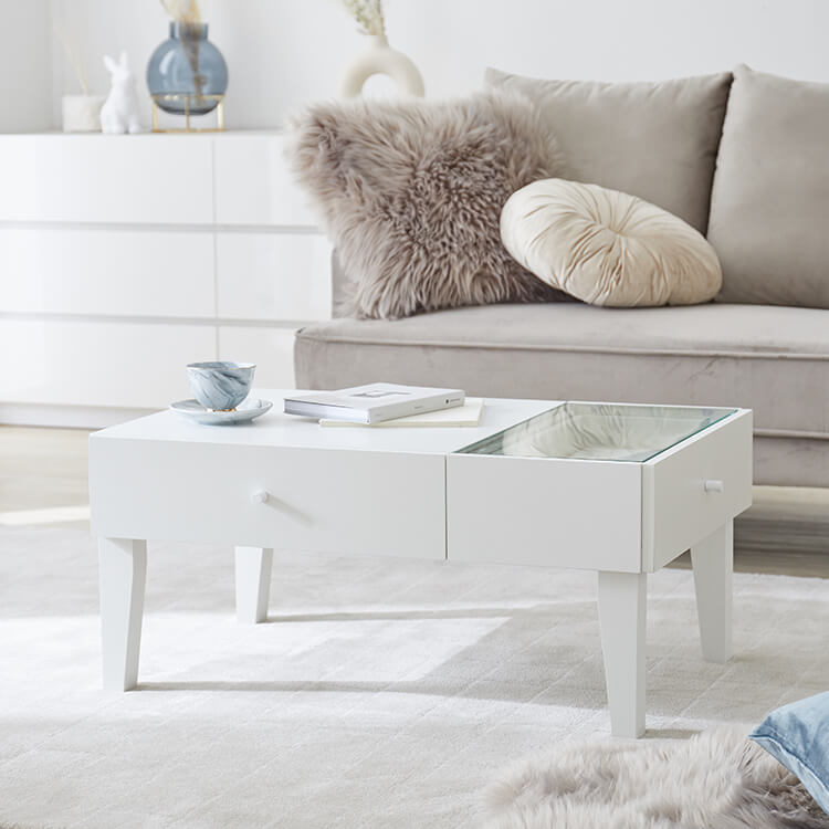 Low table, living room table, center table, glass top, wooden, with drawer