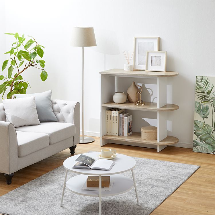 Open shelves, visible storage, partitions, side tables
