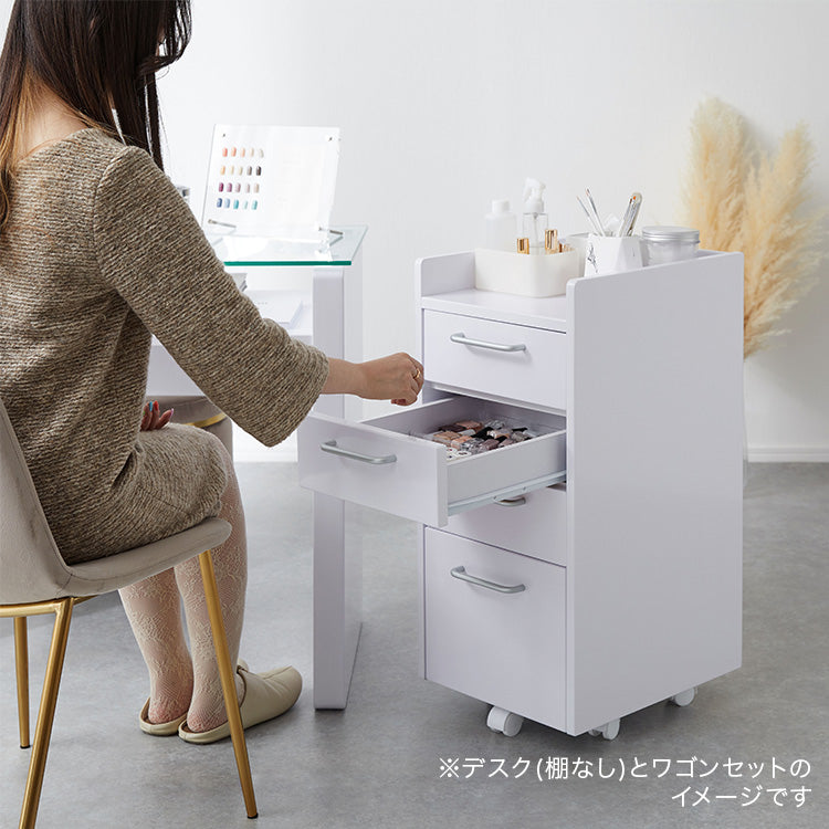 Nail desk with glass shelf, slim, glass top, wagon