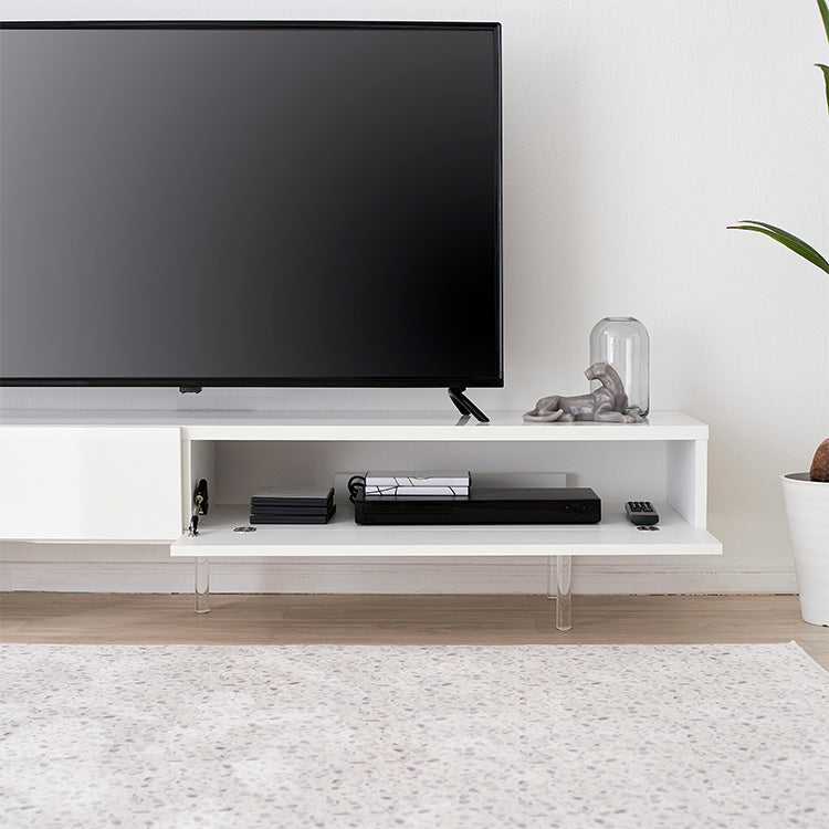 Low TV stand, semi-finished product, clear legs, cord storage, slide storage