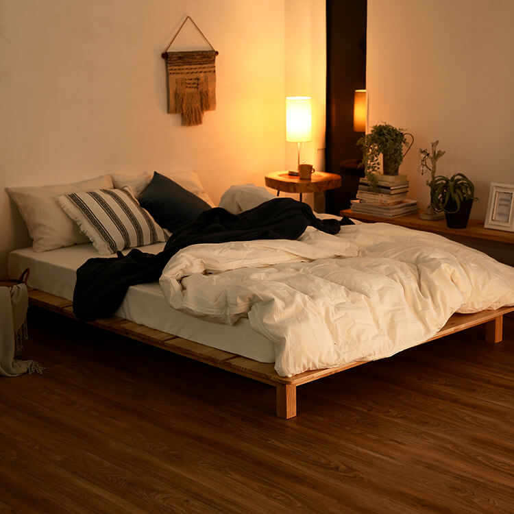 Bed frame, low type, slatted base, wooden, solid pine [D]