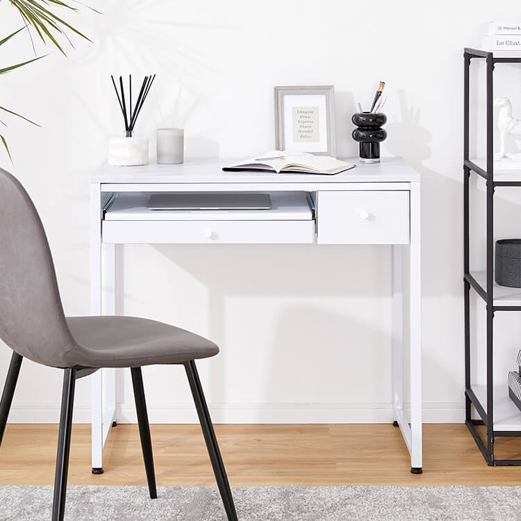 Compact desk with drawer, glass top, nail desk