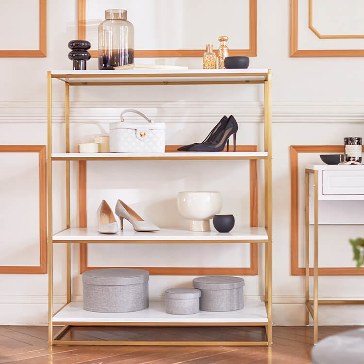 Display rack (4 shelves) with open shelves, gold legs and marble pattern