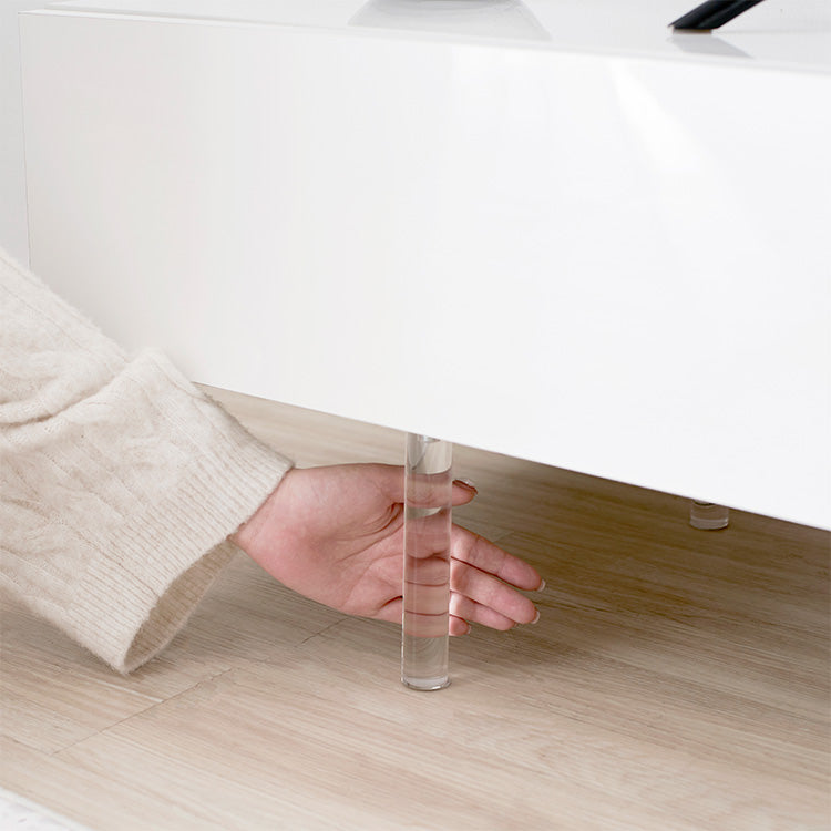 Low TV stand, semi-finished product, clear legs, cord storage, slide storage