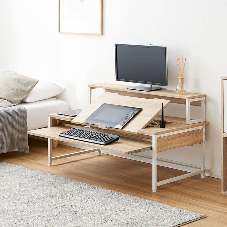 パソコンデスク オフィスデスク ワークデスク 学習机 段階調節 スライドラック タップ収納