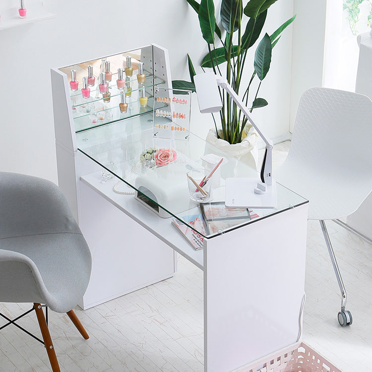 Nail desk with glass shelf, slim, glass top, wagon