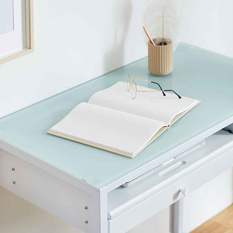 Compact desk with drawer, glass top, nail desk