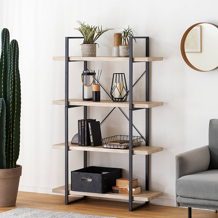 Open shelf, 4 tiers, steel rack, display shelf, visible storage, shelf, rack, wooden