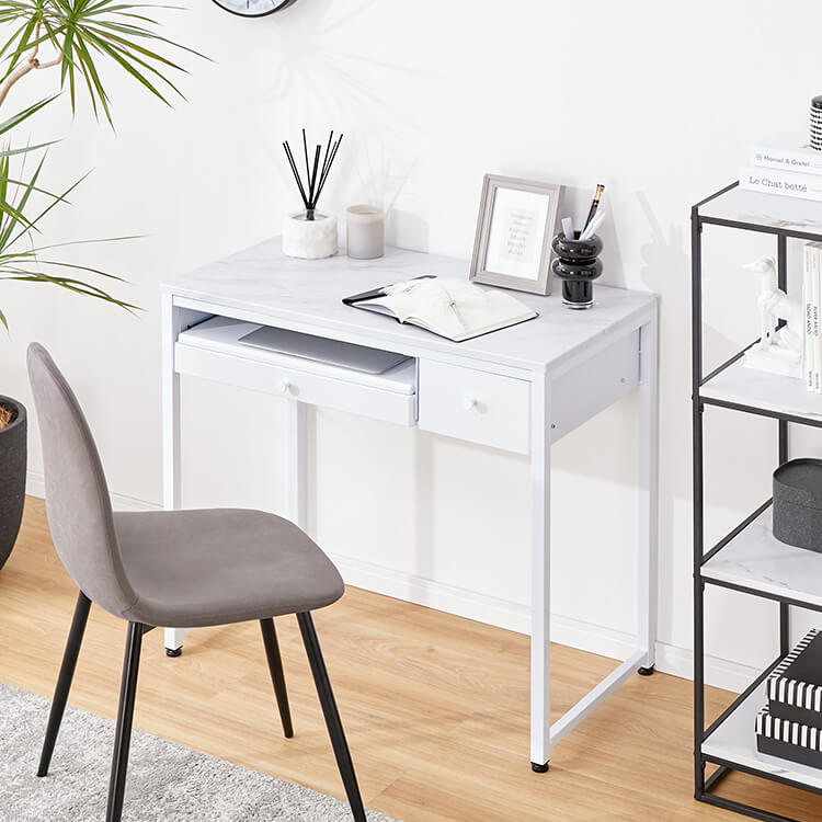 Compact desk with drawer, glass top, nail desk