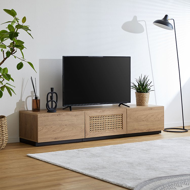 Rattan-style TV stand, wooden, steel legs, rearrangeable, Korean interior