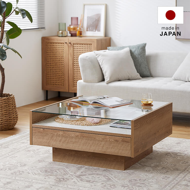 Wooden center table with glass top and stone effect