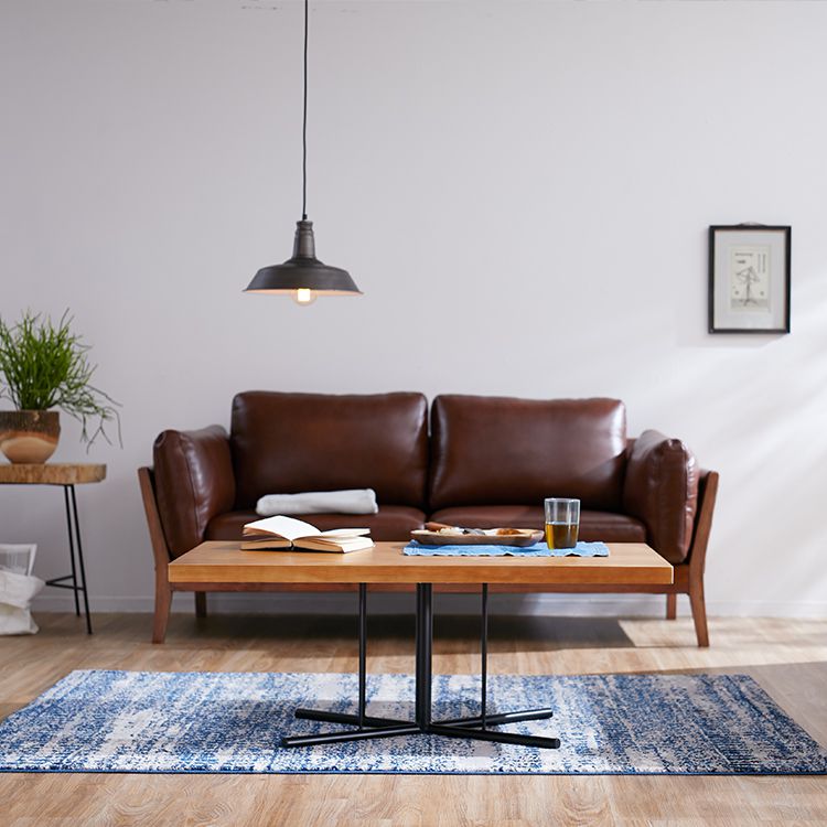 Compact low table made of pine veneer with steel legs, vintage style, living room table