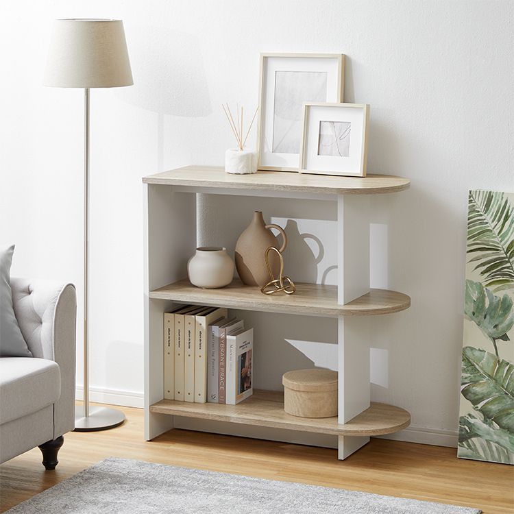 Open shelves, visible storage, partitions, side tables