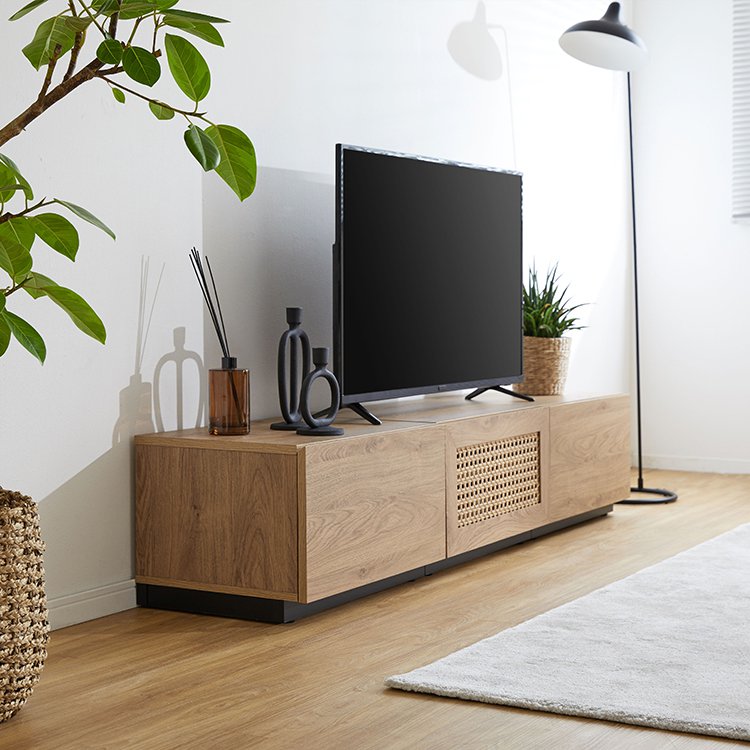 Rattan-style TV stand, wooden, steel legs, rearrangeable, Korean interior