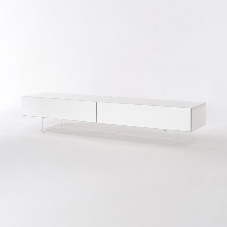 Low TV stand, semi-finished product, clear legs, cord storage, slide storage